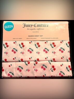 NWT•Juicy Couture Pink Cherry Print on pink Queen 4pc Sheet Set